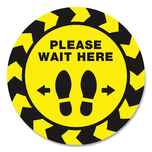 Image of Social Distancing Floor Decals, 10.5" dia, Please Wait Here, Yellow/Black Face, Black Graphics, 5/Pack