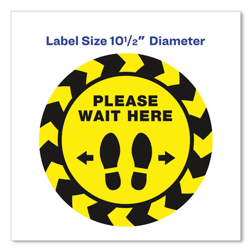 Social Distancing Floor Decals, 10.5" dia, Please Wait Here, Yellow/Black Face, Black Graphics, 5/Pack