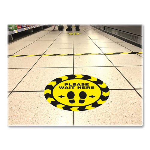 Image of Avery® Social Distancing Floor Decals, 10.5" Dia, Please Wait Here, Yellow/Black Face, Black Graphics, 5/Pack