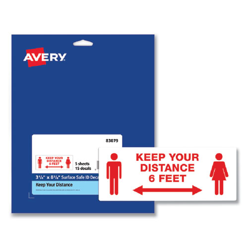 Avery® Preprinted Surface Safe ID Decals, 8.38 x 3.25, Keep Your Distance 6 Feet, White Face, Red Graphics, 15/Pack