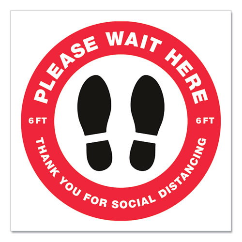 Image of Social Distancing Floor Decals, 10.5" dia, Please Wait Here, Red/White Face, Black Graphics, 5/Pack