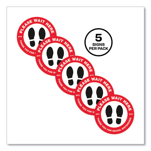 Image of Avery® Social Distancing Floor Decals, 10.5" Dia, Please Wait Here, Red/White Face, Black Graphics, 5/Pack