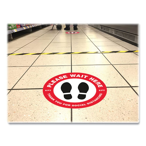 Social Distancing Floor Decals, 10.5" dia, Please Wait Here, Red/White Face, Black Graphics, 5/Pack
