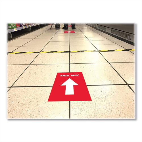 Image of Avery® Social Distancing Floor Decals, 8.5 X 11, This Way, Red Face, White Graphics, 5/Pack