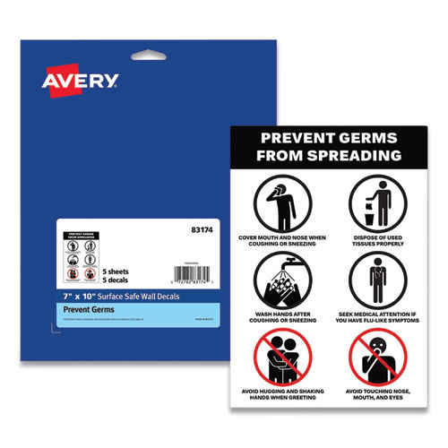 Avery® Preprinted Surface Safe Wall Decals, 7 x 10, Prevent Germs from Spreading, White/Black Face, Black Graphics, 5/Pack
