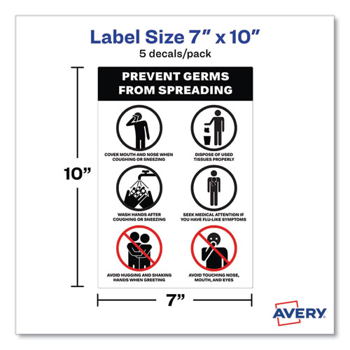 Preprinted Surface Safe Wall Decals, 7 x 10, Prevent Germs from Spreading, White/Black Face, Black Graphics, 5/Pack