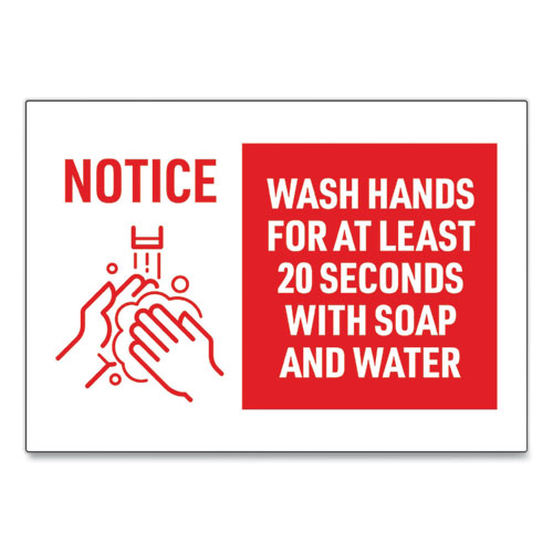 Preprinted Surface Safe Wall Decals, 10 x 7, Wash Hands for at Least 20 Seconds, White/Red Face, Red Graphics, 5/Pack