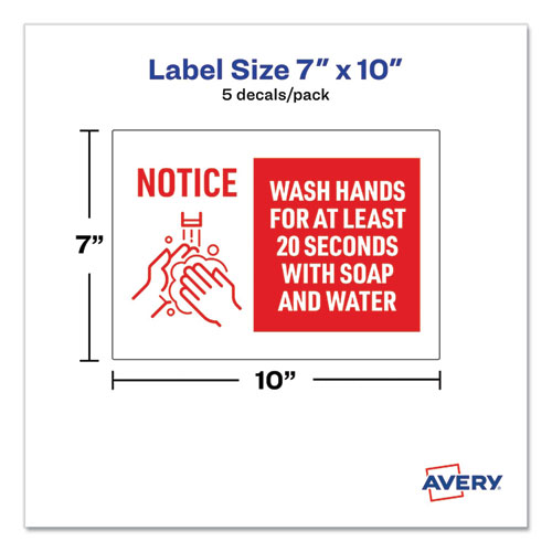 Image of Avery® Preprinted Surface Safe Wall Decals, 10 X 7, Wash Hands For At Least 20 Seconds, White/Red Face, Red Graphics, 5/Pack