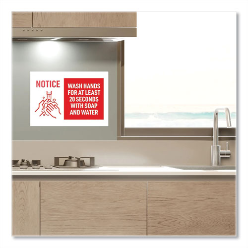 Preprinted Surface Safe Wall Decals, 10 x 7, Wash Hands for at Least 20 Seconds, White/Red Face, Red Graphics, 5/Pack