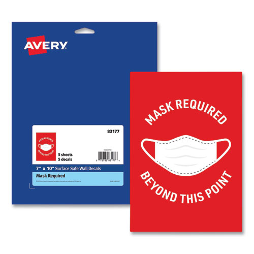 Avery® Preprinted Surface Safe Wall Decals, 7 x 10, Mask Required Beyond This Point, Red Face, White Graphics, 5/Pack
