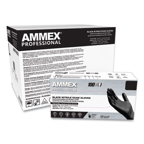 AMMEX® Professional Nitrile Exam Gloves, Powder-Free, 3 mil, Medium, Black, 100/Box