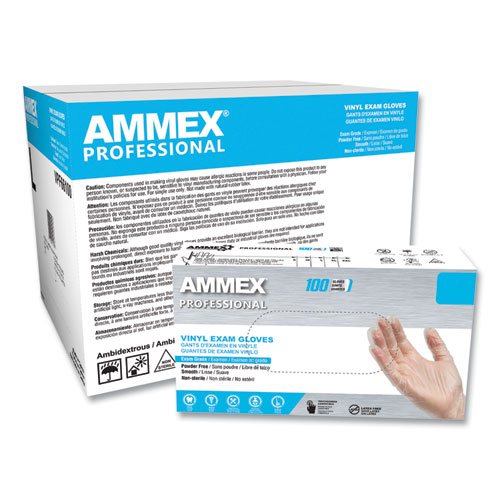 AMMEX® Professional Vinyl Exam Gloves, Powder-Free, Large, Clear, 100/Box