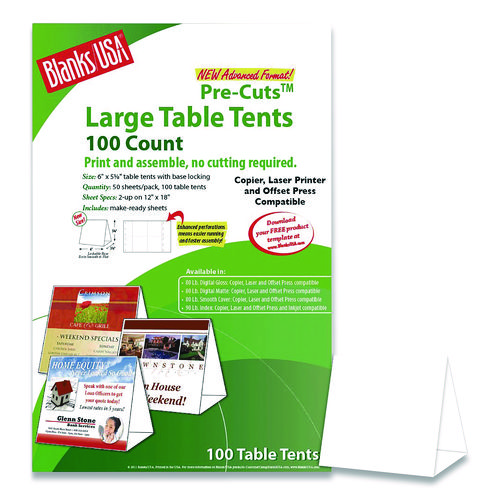 Blanks/Usa® Table Tent, 80 Lb Cover Weight, 12 X 18, White, 2 Tents/Sheet, 50 Sheets/Pack