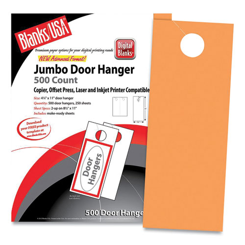 Jumbo Micro-Perforated Door Hangers, 65 lb, 8.5 x 11, Hunter's Orange, 2 Hangers/Sheet, 250 Sheets/Pack