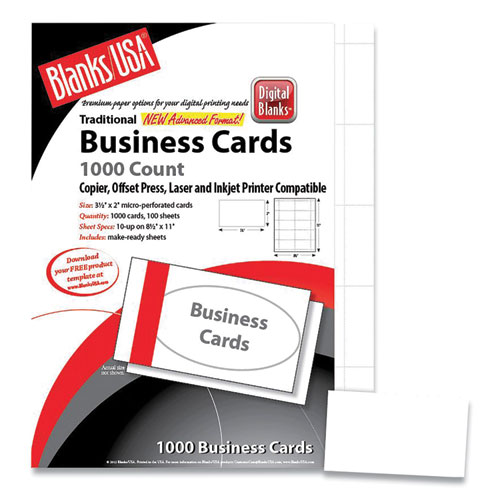 Blanks/USA® Printable Microperforated Business Cards, Copier/Inkjet/Laser/Offset, 2 x 3.5, White, 1,000 Cards, 10/Sheet, 100 Sheets/Pack