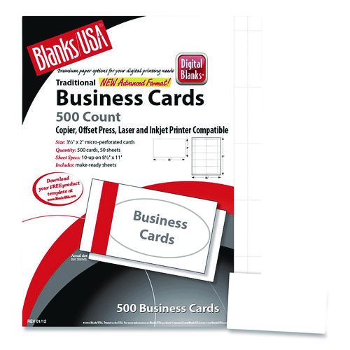 Blanks/USA® Printable Microperf Business Cards, Copier/Inkjet/Laser/Offset, 2 x 3.5, White, Bristol, 1,000 Cards, 10/Sheet, 100 Sheets/PK