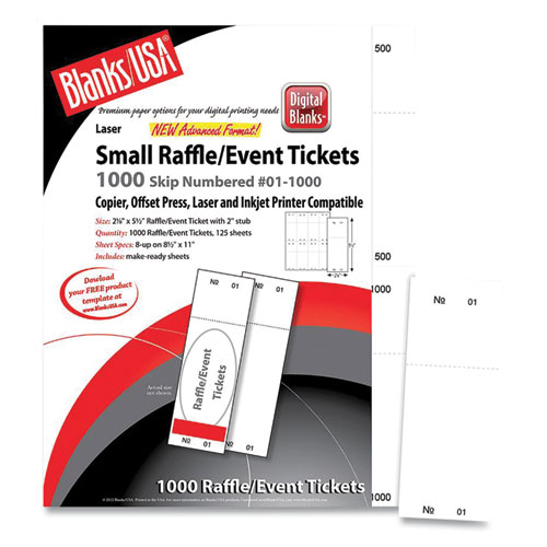 Small Micro-Perforated Event/Raffle Ticket, 90 lb, 8.5 x 11, White, 8 Tickets/Sheet, 125 Sheets/Pack