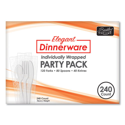Berkley Square Elegant Dinnerware Heavyweight Cutlery Assortment, Individually Wrapped, 120 Forks/80 Spoons/40 Knives, White, 240/Box