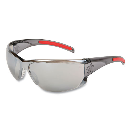 Mcr™ Safety Hk1 Series Safety Glasses, Wraparound, Scratch-Resistant, Silver Mirror Lens, Smoke/Red Frame