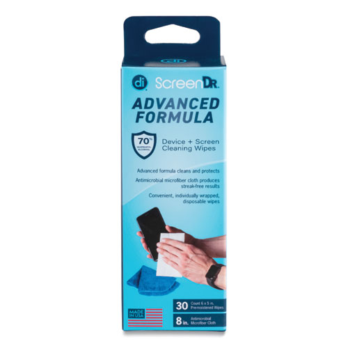 Digital Innovations ScreenDr Device and Screen Cleaning Wipes, Includes 30 Individually Wrapped Wipes and 8" Microfiber Cloth, 6 x 5, White