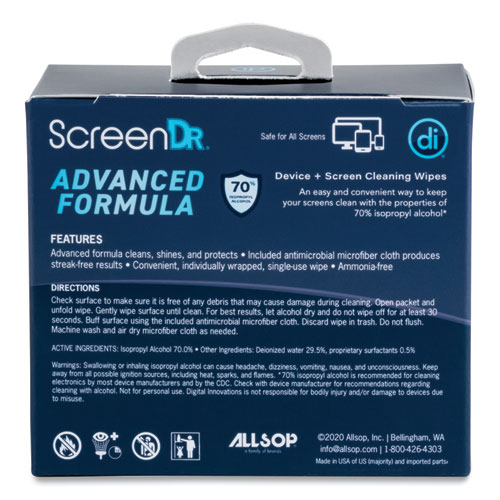 ScreenDr Device and Screen Cleaning Wipes, Includes 60 Individually Wrapped Wipes and 8" Microfiber Cloth, 6 x 5, White