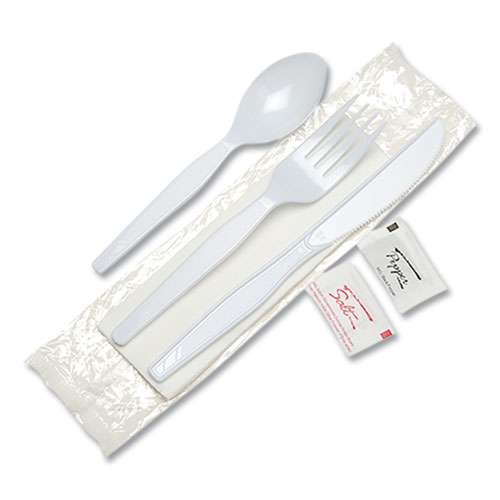 Image of Individually Wrapped Mediumweight Polystyrene Cutlery, Knife/Fork/Teaspoon/Salt/Pepper/Napkin, White, 250/Carton