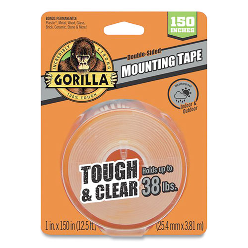 Gorilla® Tough & Clear Double-Sided Mounting Tape, Permanent, Holds Up to 0.25 lb per Inch, 1" x 12.5 ft, Clear