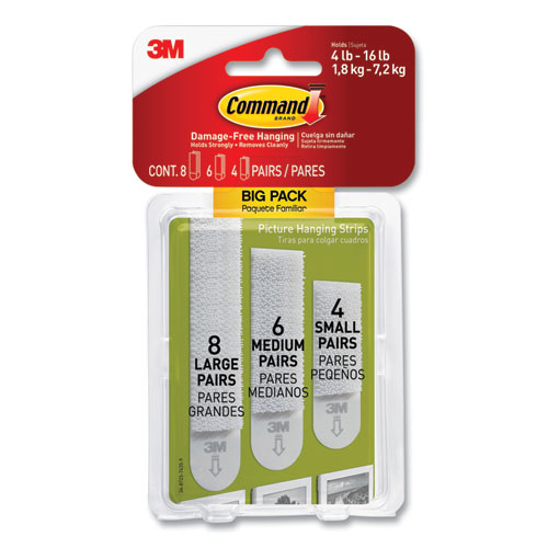 Image of Picture Hanging Strips Big Pack, Removable, (4) Small, (6) Medium, (8) Large, White, 18 Pairs/Pack