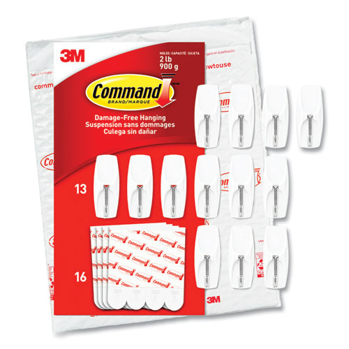 Command™ General Purpose Wire Hooks, Medium, 2 lb Cap, White, 13 Hooks and 16 Strips/Pack