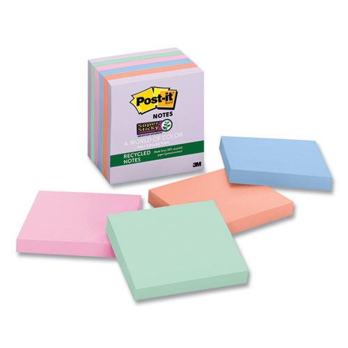 Post-It® Notes Super Sticky Recycled Notes In Wanderlust Pastels Collection Colors, 3" X 3", 65 Sheets/Pad, 6 Pads/Pack