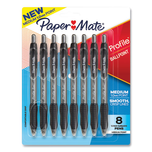 Paper Mate® Profile Ballpoint Pen, Retractable, Medium 1 mm, Black Ink, Translucent Black Barrel, 8/Pack