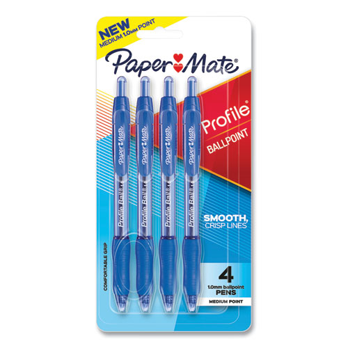Image of Paper Mate® Profile Ballpoint Pen, Retractable, Medium 1 Mm, Blue Ink, Translucent Blue Barrel, 4/Pack