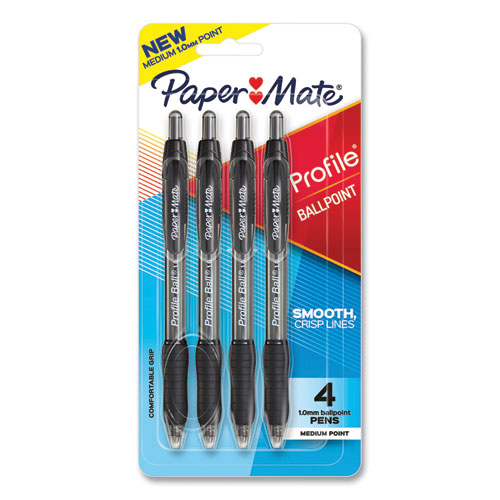 Image of Paper Mate® Profile Ballpoint Pen, Retractable, Medium 1 Mm, Black Ink, Translucent Black Barrel, 4/Pack
