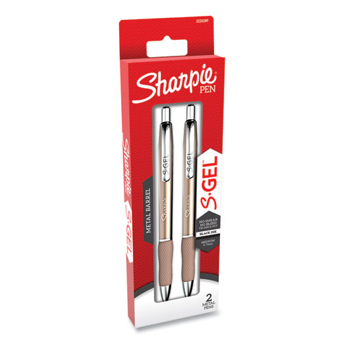 Image of S-Gel Premium Metal Barrel Gel Pen, Retractable, Medium 0.7 mm, Black Ink, Champagne Barrel, 2/Pack
