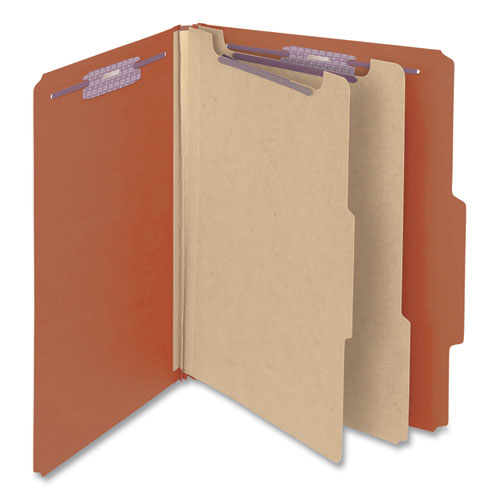 Image of Pressboard Classification Folders, Six SafeSHIELD Fasteners, 2" Expansion, 2 Dividers, Letter Size, Red, 10/Box