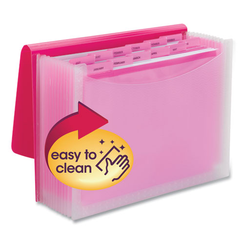 Poly Expanding Folders, 12 Sections, Cord/Hook Closure, 1/6-Cut Tabs, Letter Size, Pink/Clear