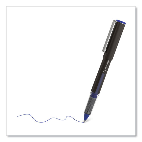 Image of Tru Red™ Roller Ball Pen, Stick, Fine 0.5 Mm, Blue Ink, Black Barrel, 3/Pack
