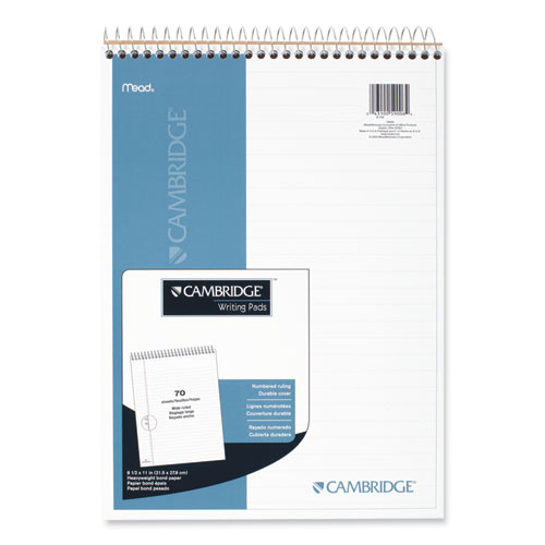 Image of Cambridge® Stiff-Back Wire Bound Pad, Wide/Legal Rule, Numbered (1-28 Front, 29-56 Back), Black/Blue Cover, 70 White 8.5 X 11.5 Sheets