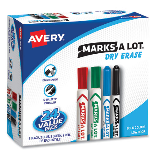 MARKS A LOT Desk/Pen-Style Dry Erase Marker Value Pack, Assorted Broad  Bullet/Chisel Tips, Assorted Colors, 24/Pack (29870) - Reliable Paper