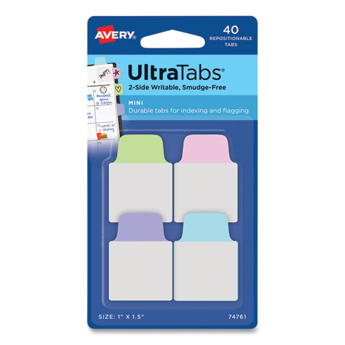 Image of Avery® Ultra Tabs Repositionable Tabs, Mini Tabs: 1" X 1.5", 1/5-Cut, Assorted Pastel Colors, 40/Pack