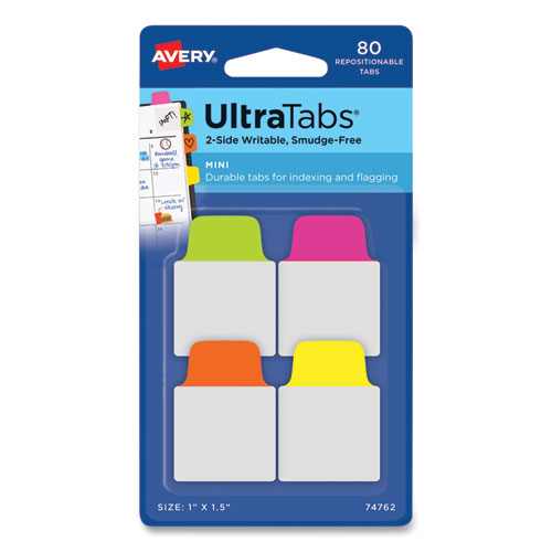 Avery® Ultra Tabs Repositionable Tabs, Mini Tabs: 1" X 1.5", 1/5-Cut, Assorted Neon Colors, 80/Pack