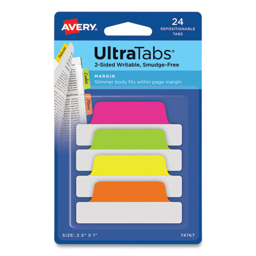 Avery® Ultra Tabs Repositionable Tabs, Margin Tabs: 2.5" X 1", 1/5-Cut, Assorted Neon Colors, 24/Pack