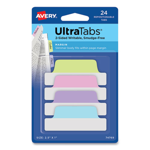 Avery® Ultra Tabs Repositionable Tabs, Margin Tabs: 2.5" X 1", 1/5-Cut, Assorted Pastel Colors, 24/Pack