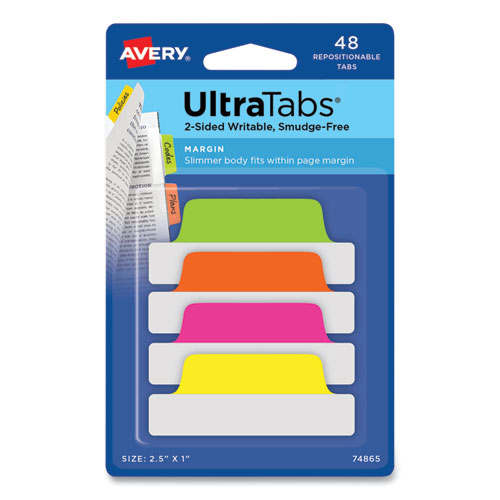 Avery® Ultra Tabs Repositionable Tabs, Margin Tabs: 2.5" X 1", 1/5-Cut, Assorted Neon Colors, 48/Pack