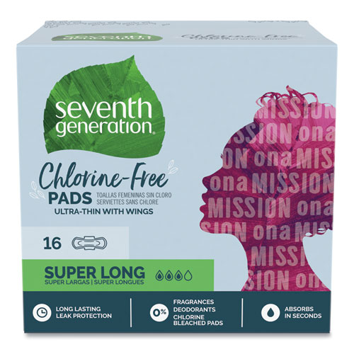 Seventh Generation® Chlorine-Free Ultra Thin Pads with Wings, Super Long, 16/Pack, 6 Packs/Carton