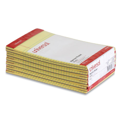 Image of Universal® Perforated Ruled Writing Pads, Narrow Rule, Red Headband, 50 Canary-Yellow 5 X 8 Sheets, Dozen