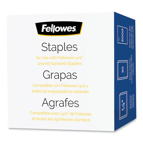 Image of Fellowes® Standard 0.25" Full Strip Staples, 0.25" Leg, 0.5" Crown, Steel, 5,000/Pack