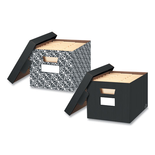 STOR/FILE Decorative Medium-Duty Storage Box, Letter/Legal Files, 12.5" x 16.25" x 10.5", Black/White Brocade Design, 4/CT