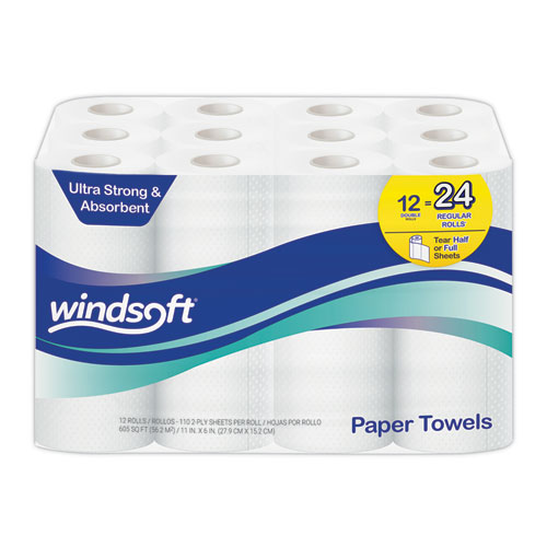 Windsoft® Premium Kitchen Roll Towels, 2-Ply, 11 x 6, White, 110/Roll, 12 Rolls/Carton