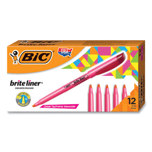 Bic® Brite Liner Highlighter, Fluorescent Pink Ink, Chisel Tip, Pink/Black Barrel, Dozen